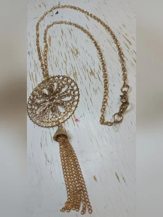 Single Gold Chain Long Necklace with Gold Sun Medallion Pendant & Tassel - Picture 4 of 4